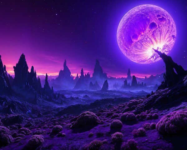 Alien Landscape Under a Glowing Purple Moon