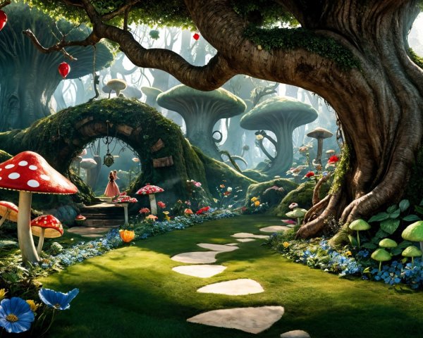 Whimsical Forest with Colorful Mushrooms and Flowers