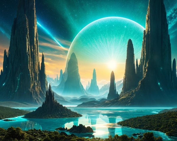 Alien Landscape with Crystal Mountains and Luminous Lake