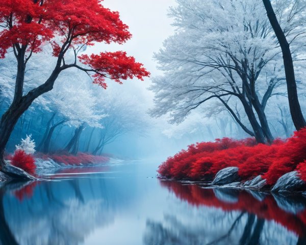 Tranquil River Scene with Autumn Trees and Mist