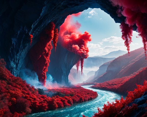 Dramatic Canyon Landscape with Red Foliage and River