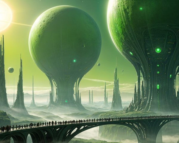 Futuristic landscape with green spheres and misty mountains