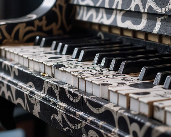 Close-up of a vintage piano keyboard with ornate design