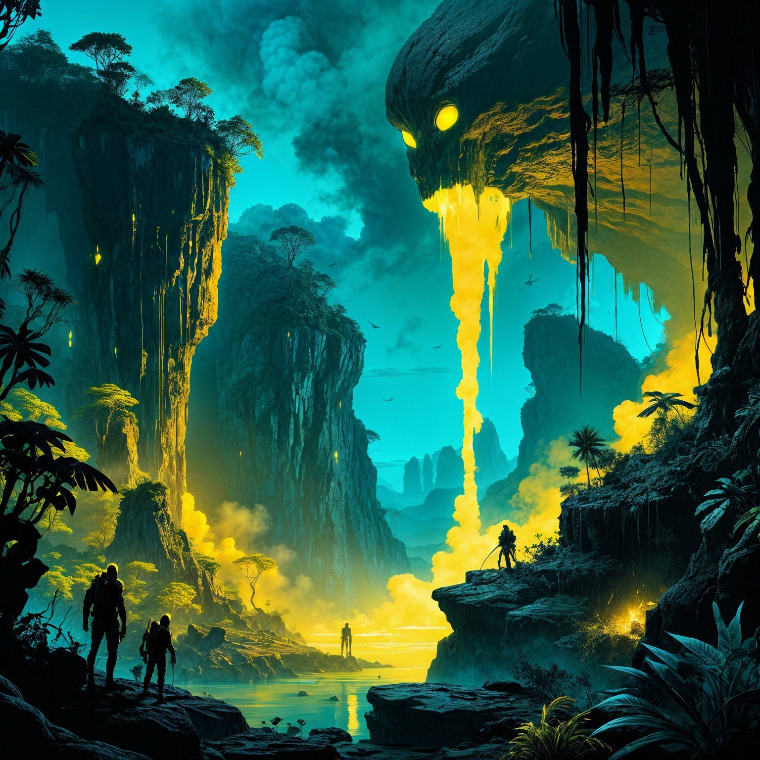 Surreal Landscape with Towering Cliffs and Glowing Mist