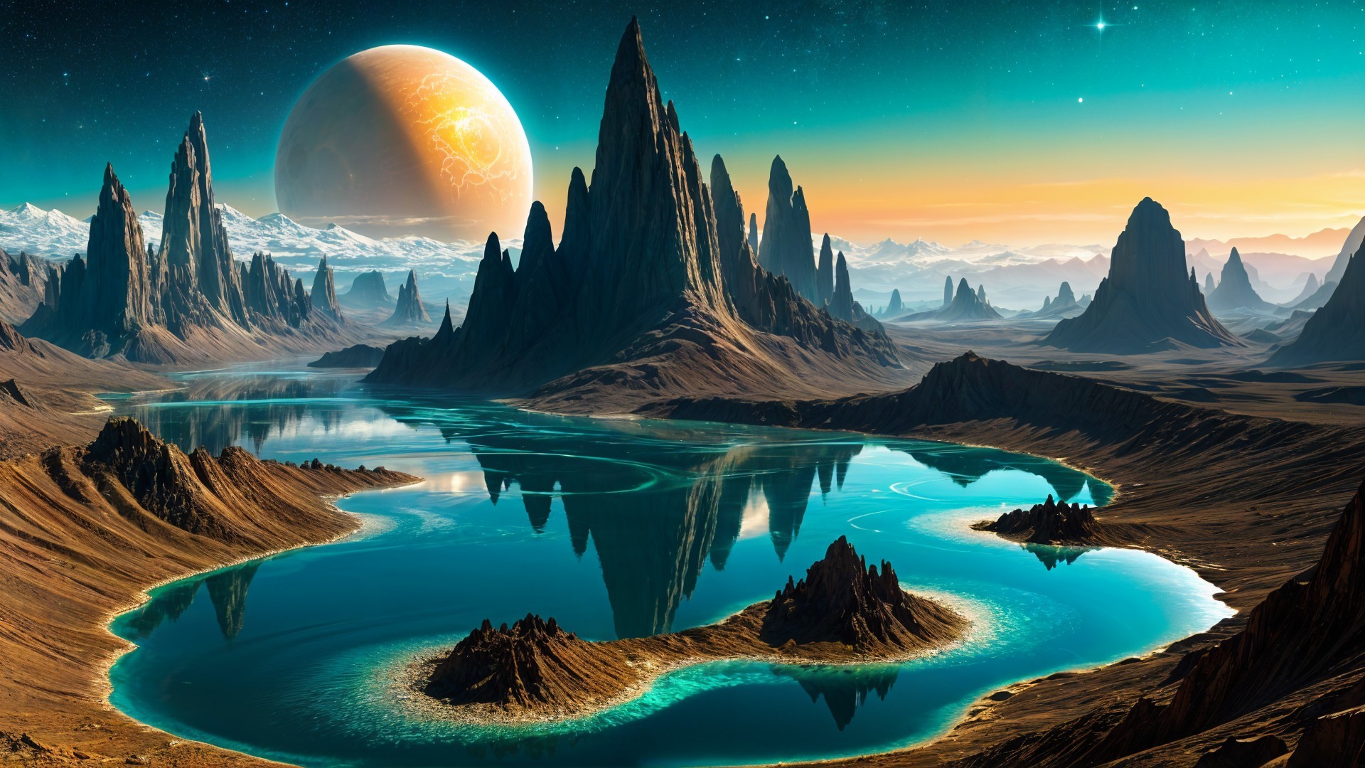 Alien Landscape with Mountains and Turquoise Lake