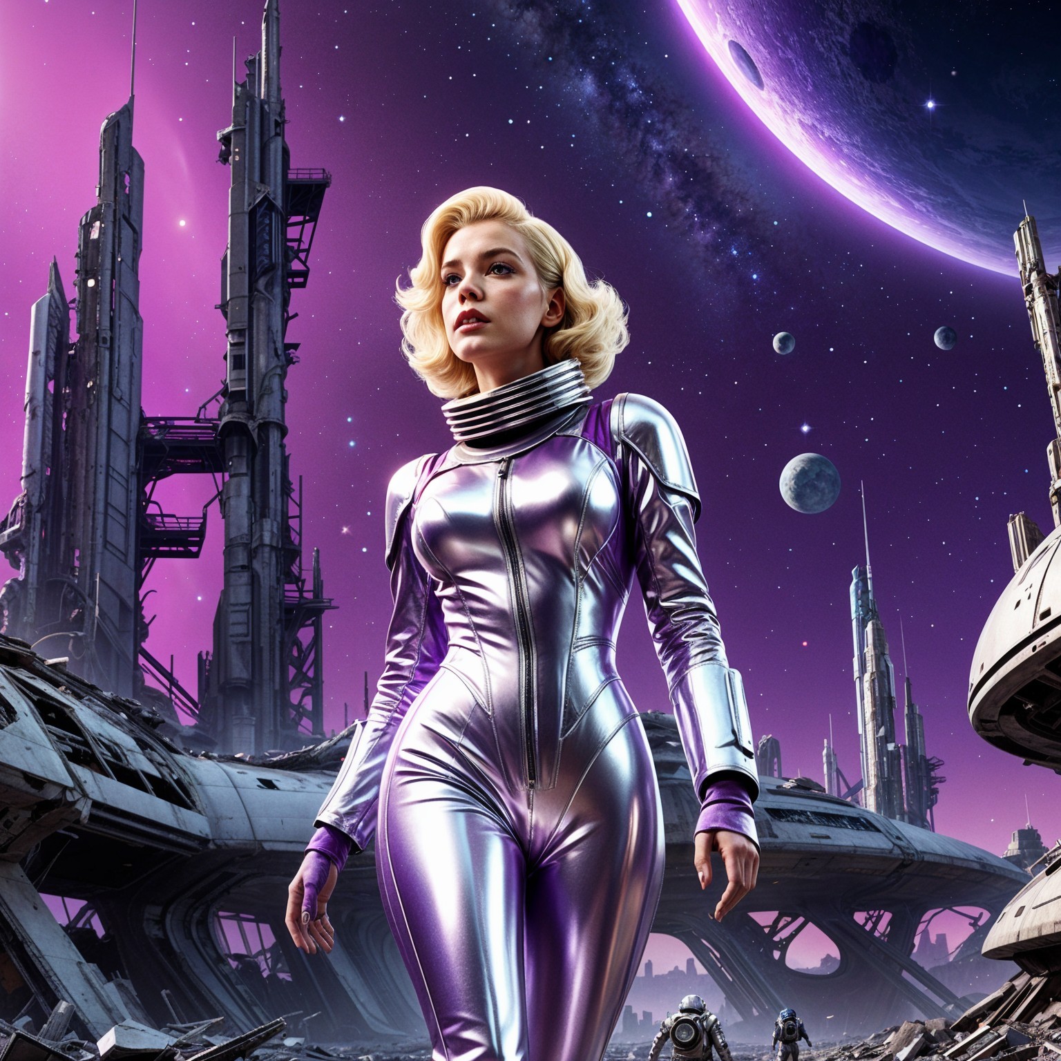 Futuristic scene of a woman in a purple space suit