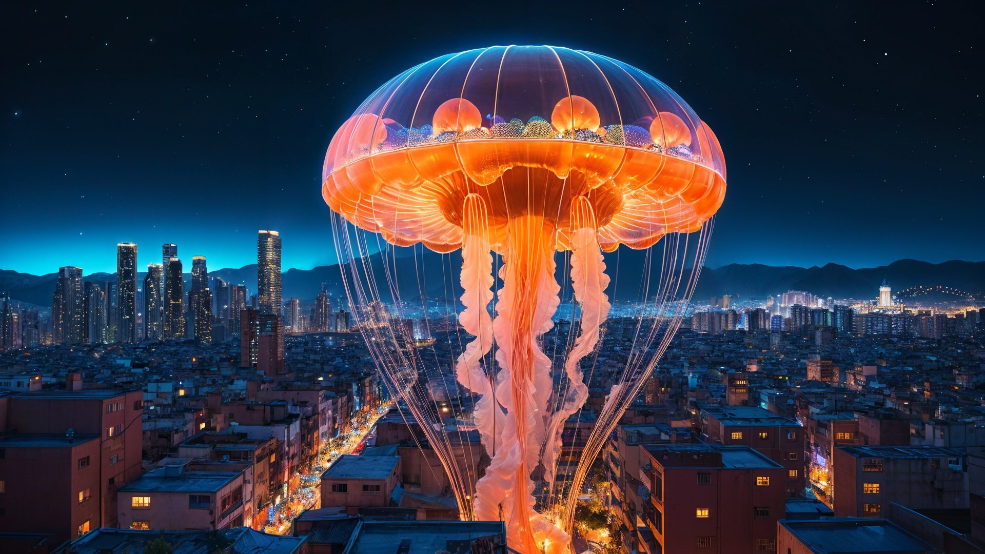 Luminous Jellyfish Above Nighttime Cityscape