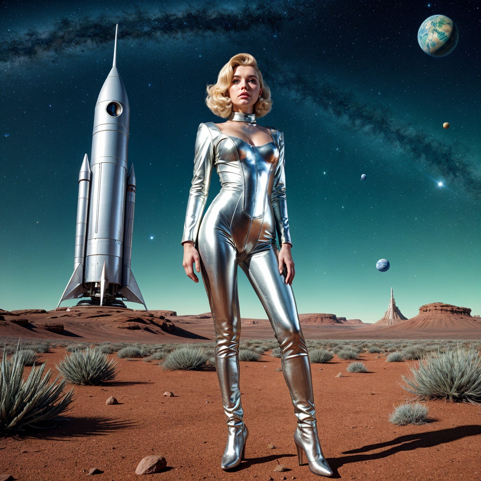 Futuristic Woman in Silver Jumpsuit in Barren Landscape