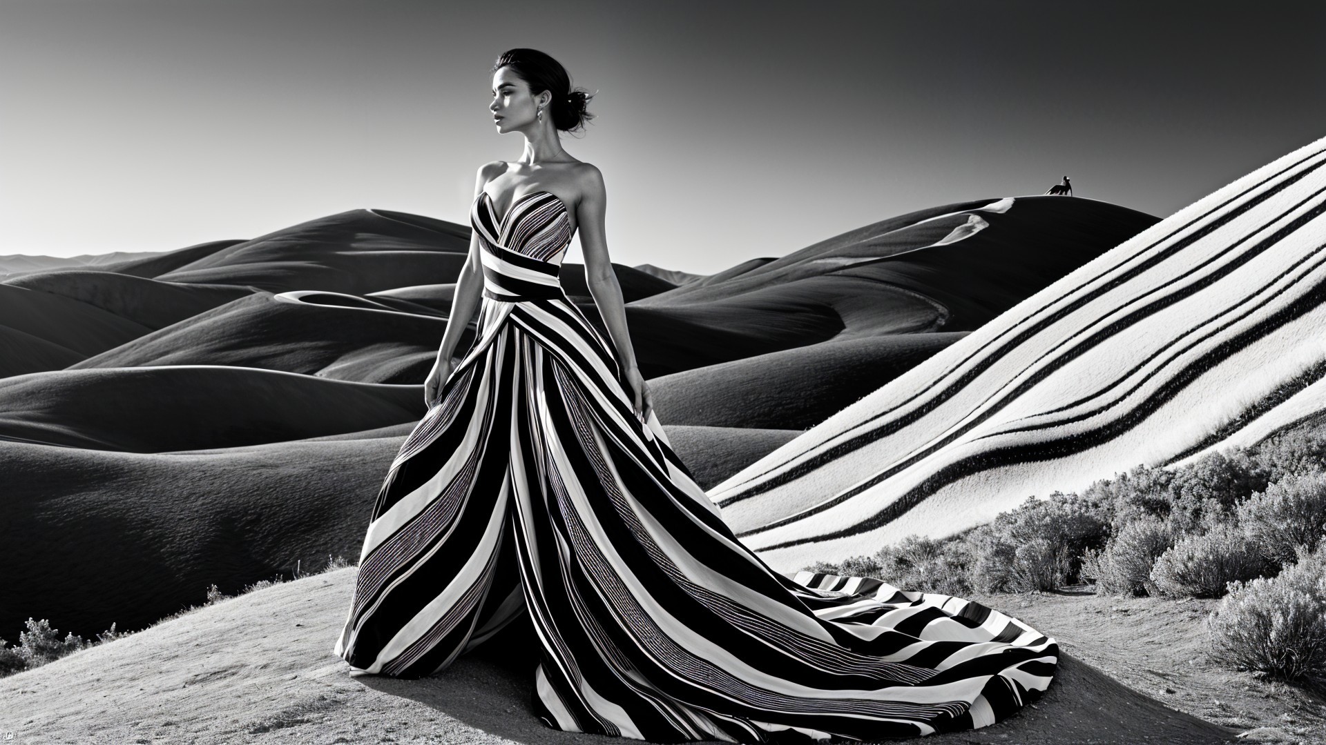 Model in Black and White Striped Gown in Desert Landscape