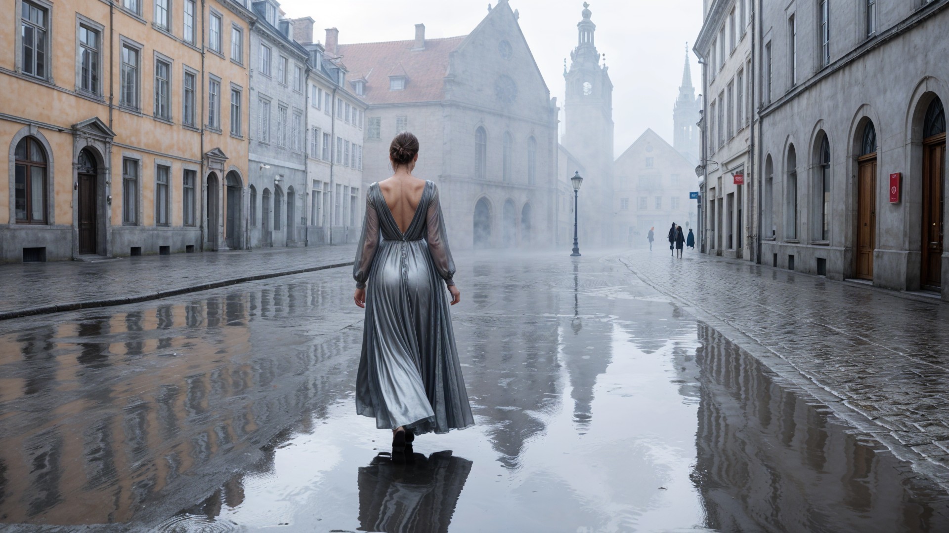 Woman in Silver Dress on Misty Cobblestone Street