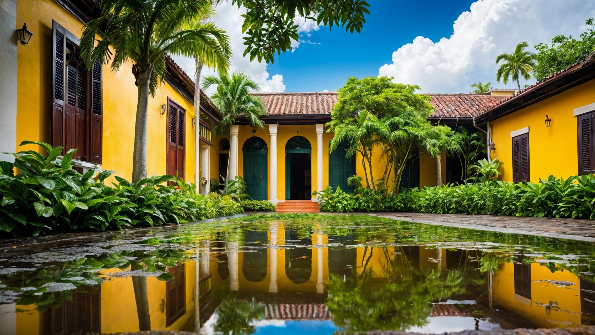 Vibrant Colonial Courtyard with Tropical Plants and Pool
