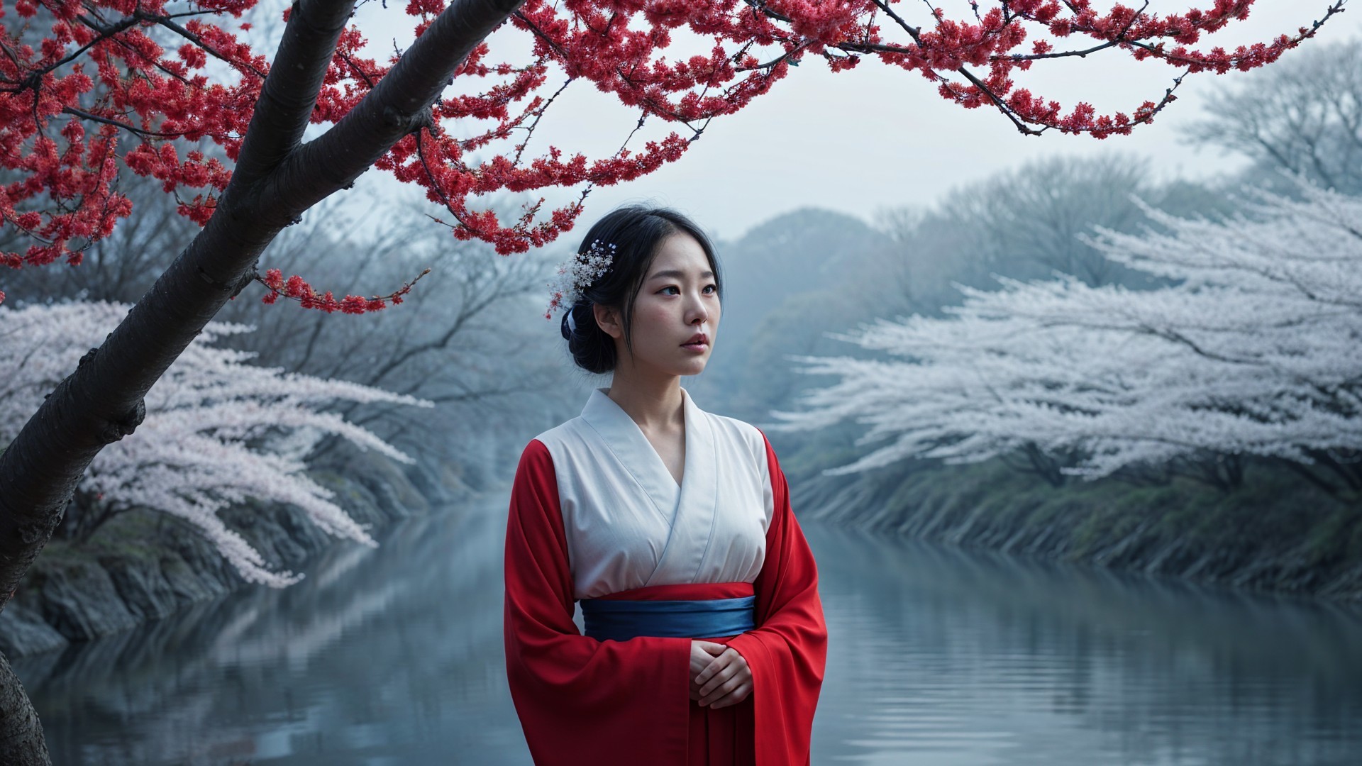 Young Woman in Red Kimono by Tranquil River Scene