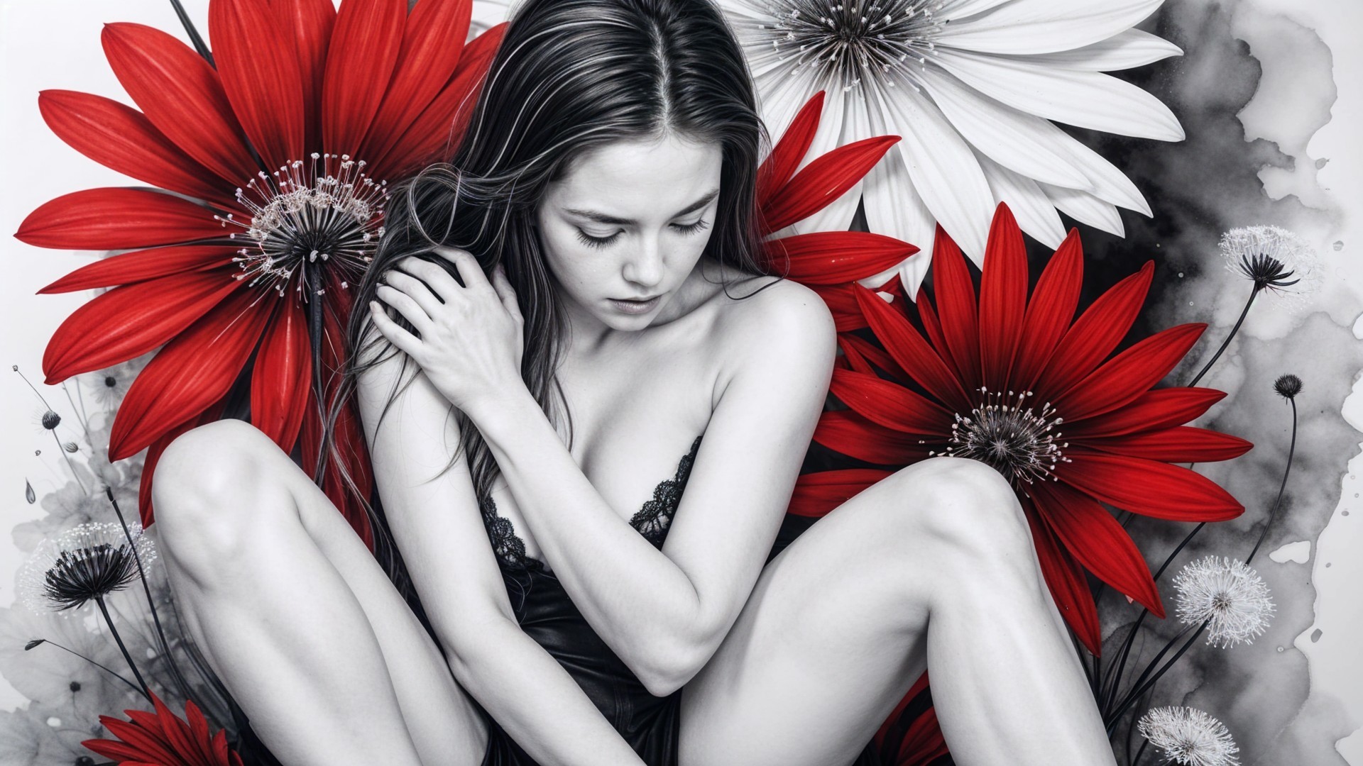 Young Woman Surrounded by Red and White Flowers