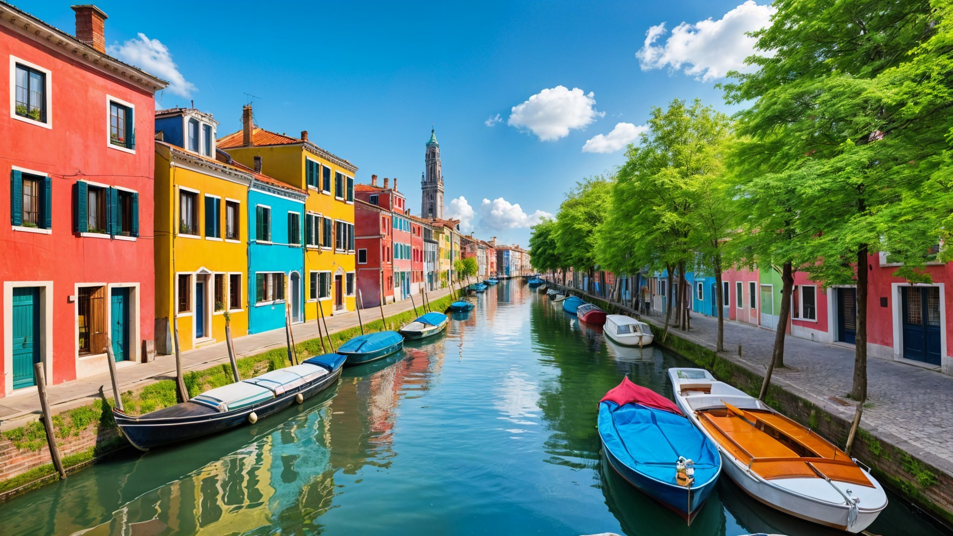 Picturesque canal with colorful buildings and boats