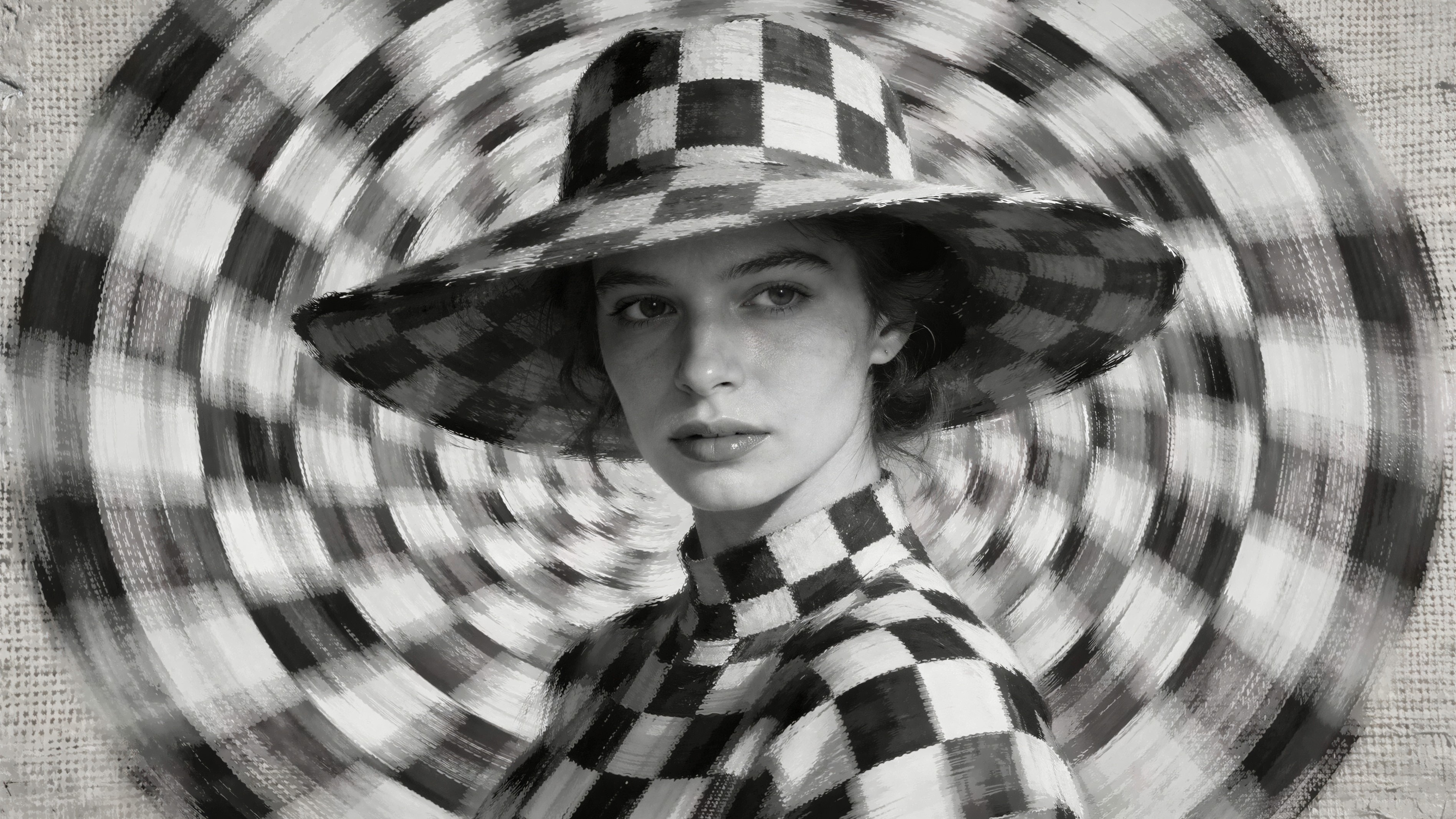 Grayscale Headshot of Woman in Checkerboard Hat and Shirt