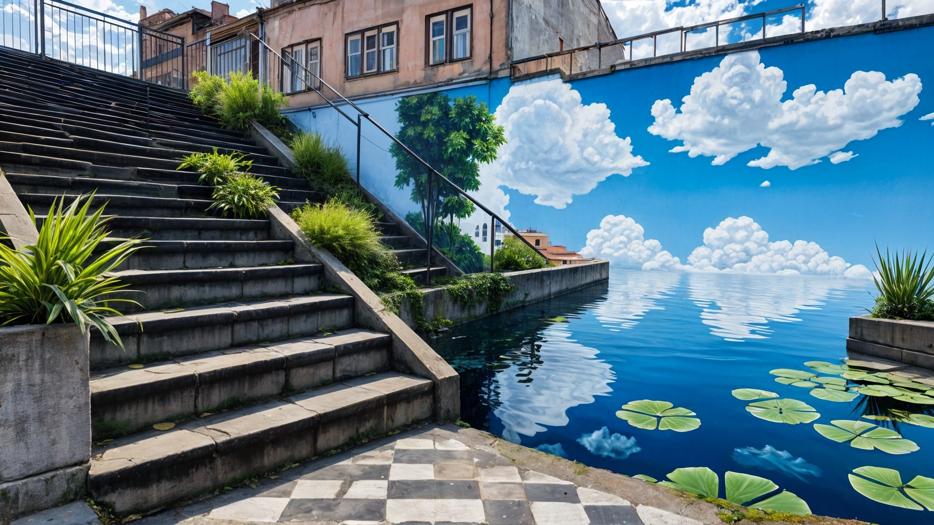 Concrete Stairs with Mural and Serene Water Reflection