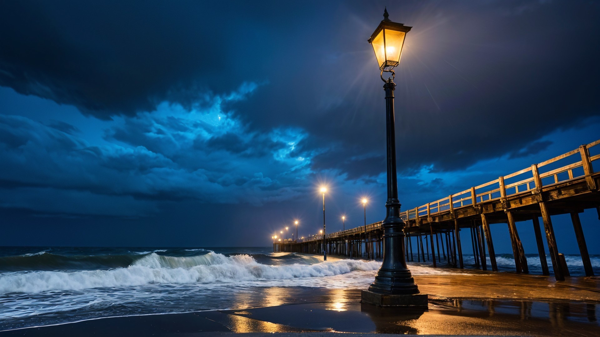 Wooden Pier at Night Under Dramatic Cloudy Sky