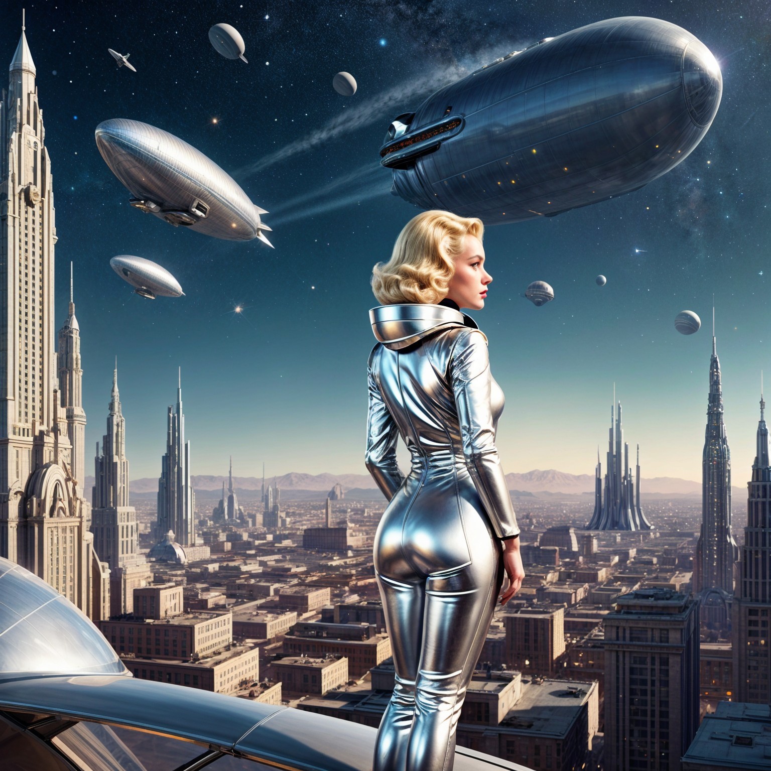Futuristic Cityscape with Skyscrapers and Zeppelins