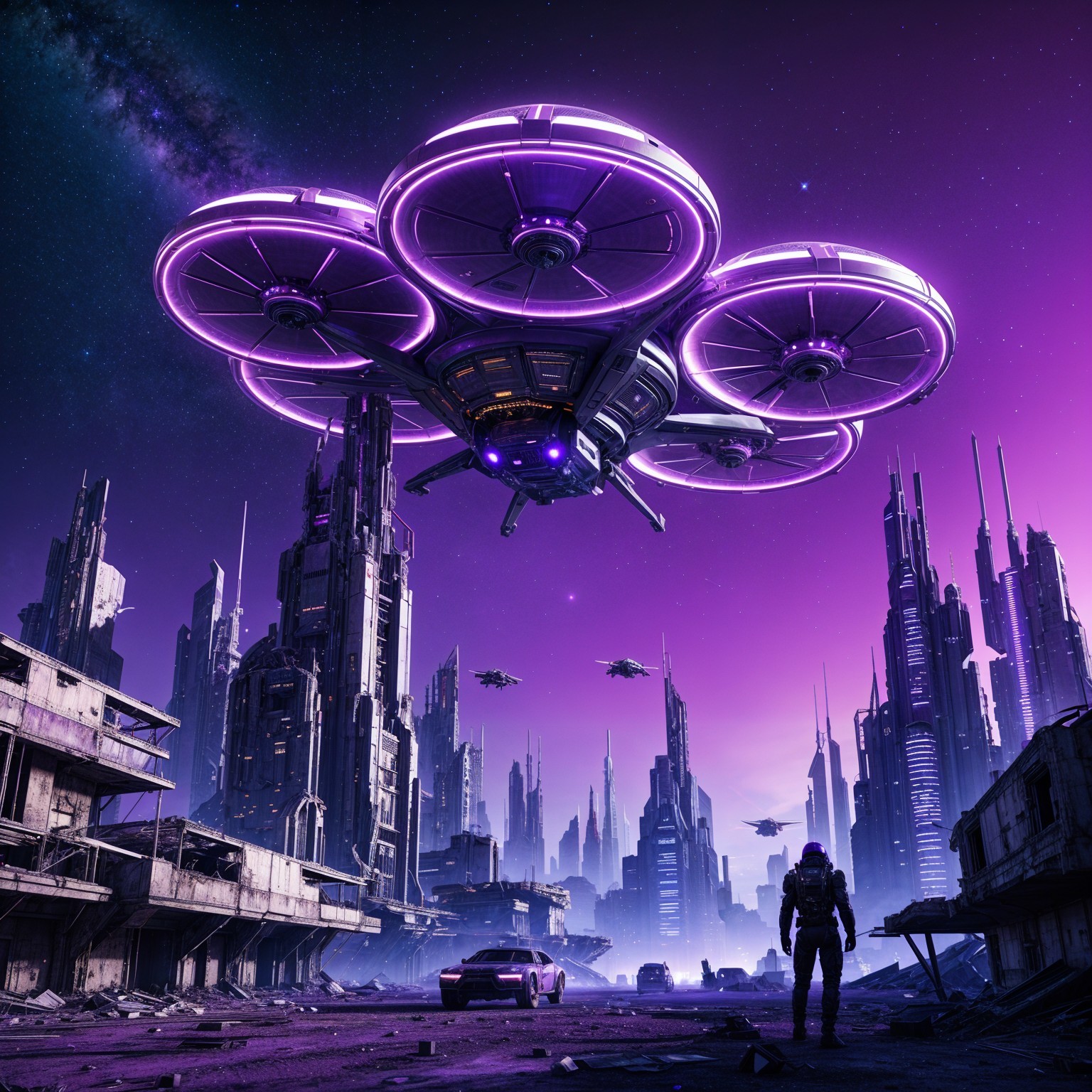 Futuristic Dystopian Landscape with Hovering Spacecraft
