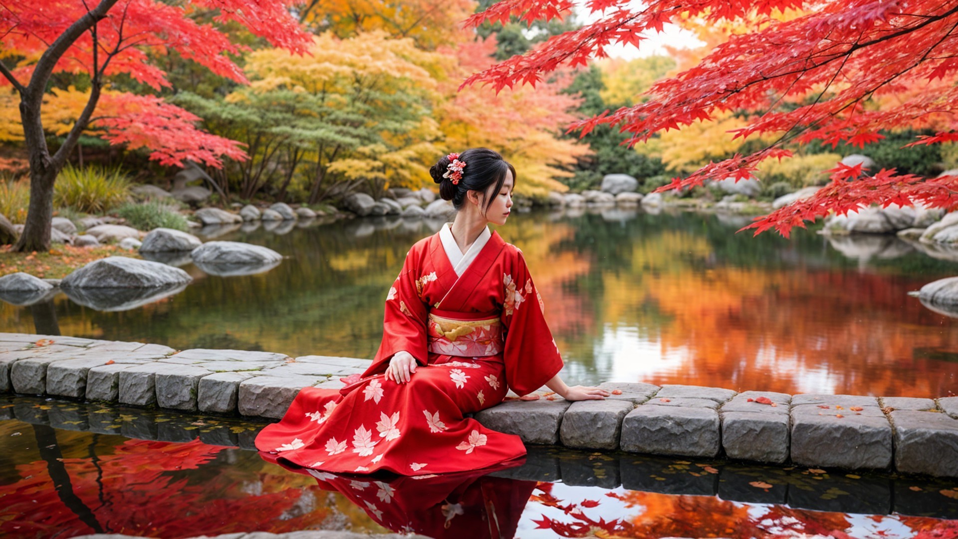 Young Woman in Red Kimono by Autumn Pond