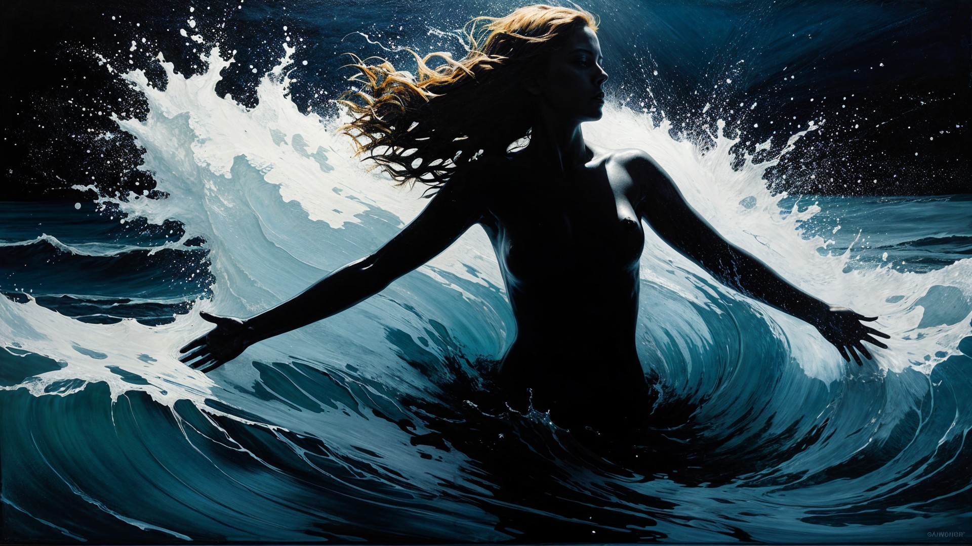 Silhouette of a Woman Amidst Crashing Ocean Waves