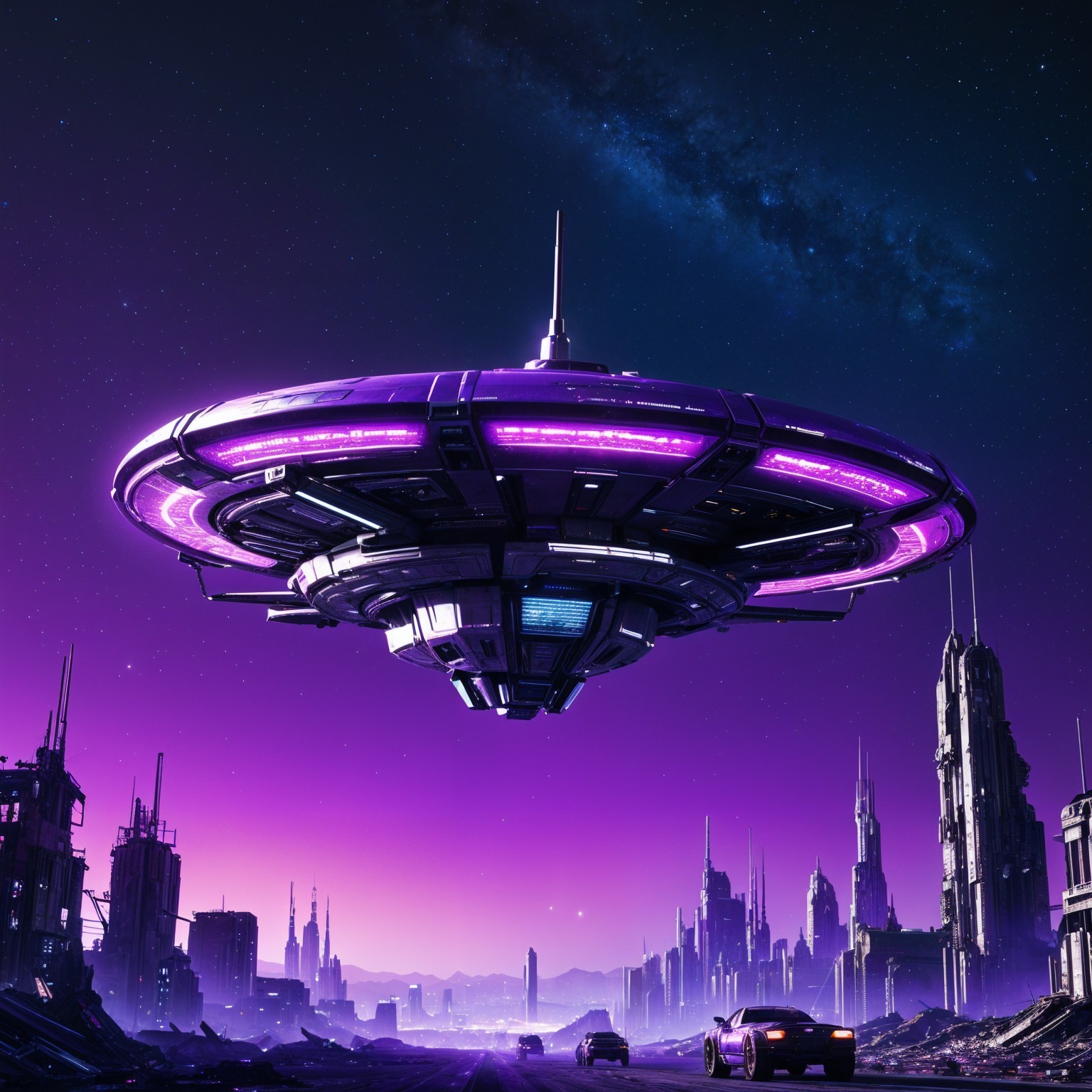 Futuristic cityscape with UFO and cosmic sky