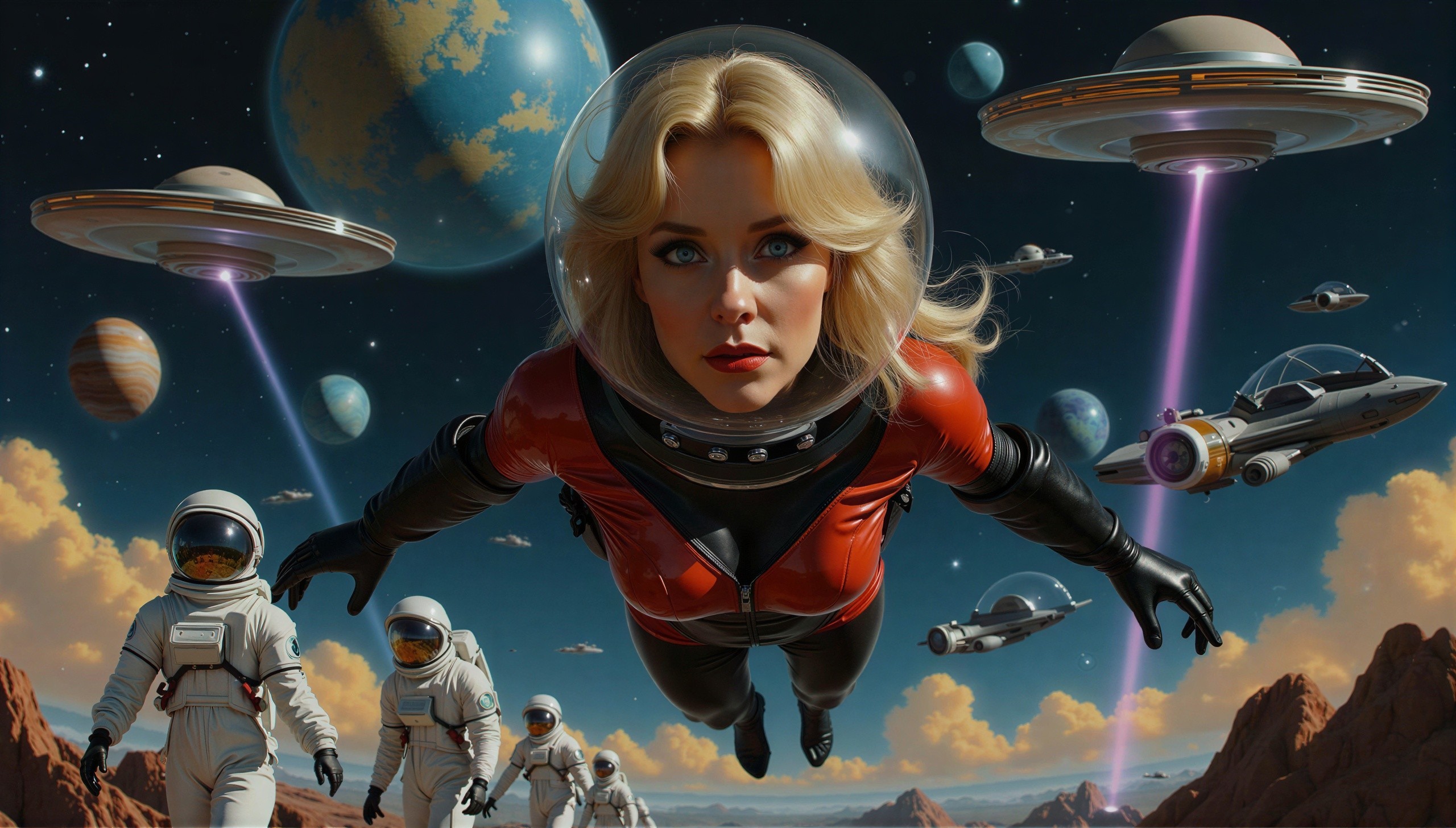Digital Artwork of Woman in Astronaut Helmet in Space