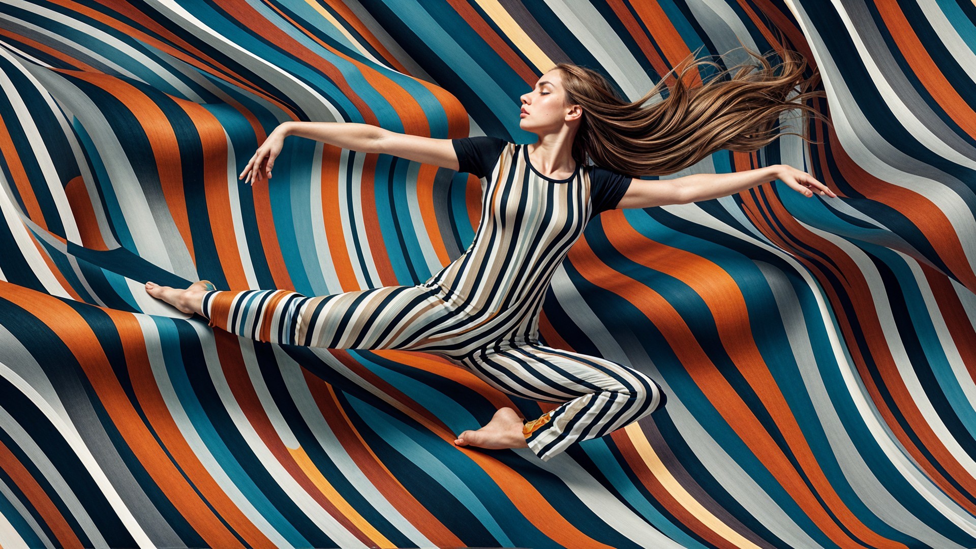 Dancer in Striped Jumpsuit Against Colorful Backdrop