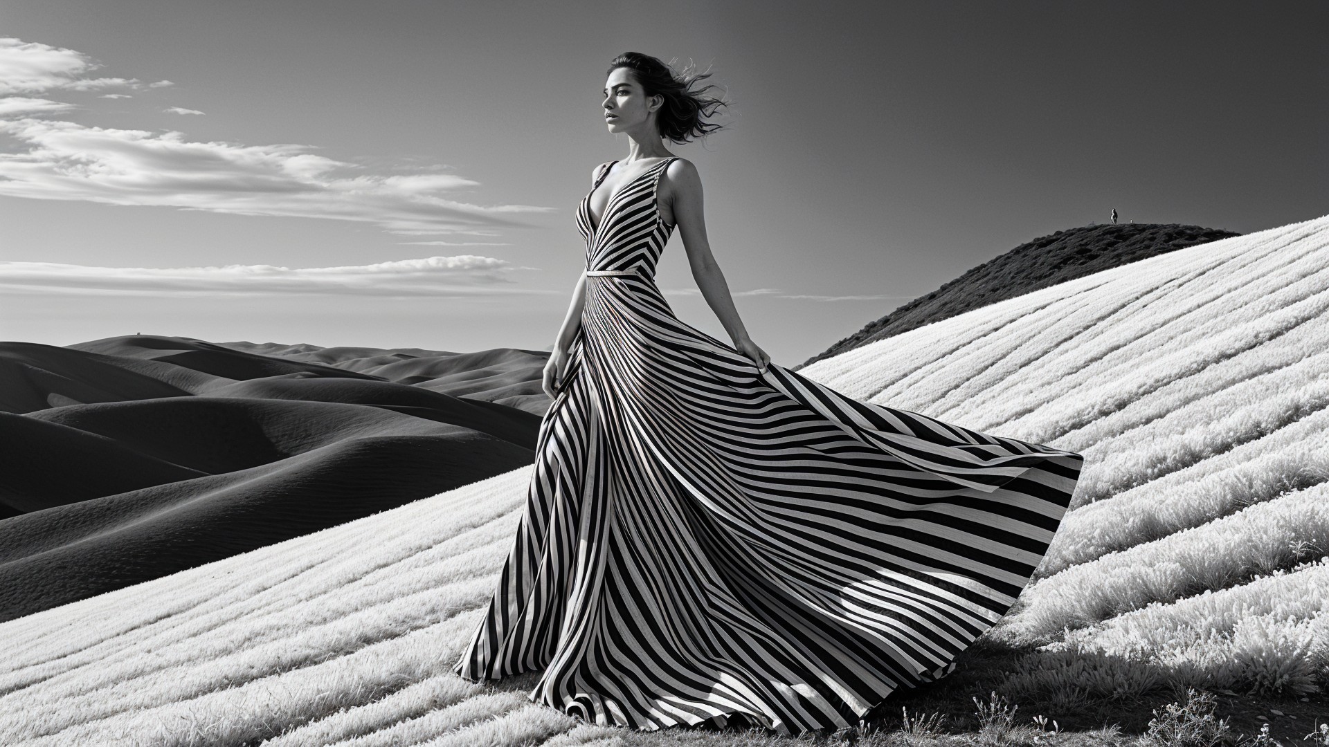 Woman in Striped Dress on Sand Dunes with Clouds