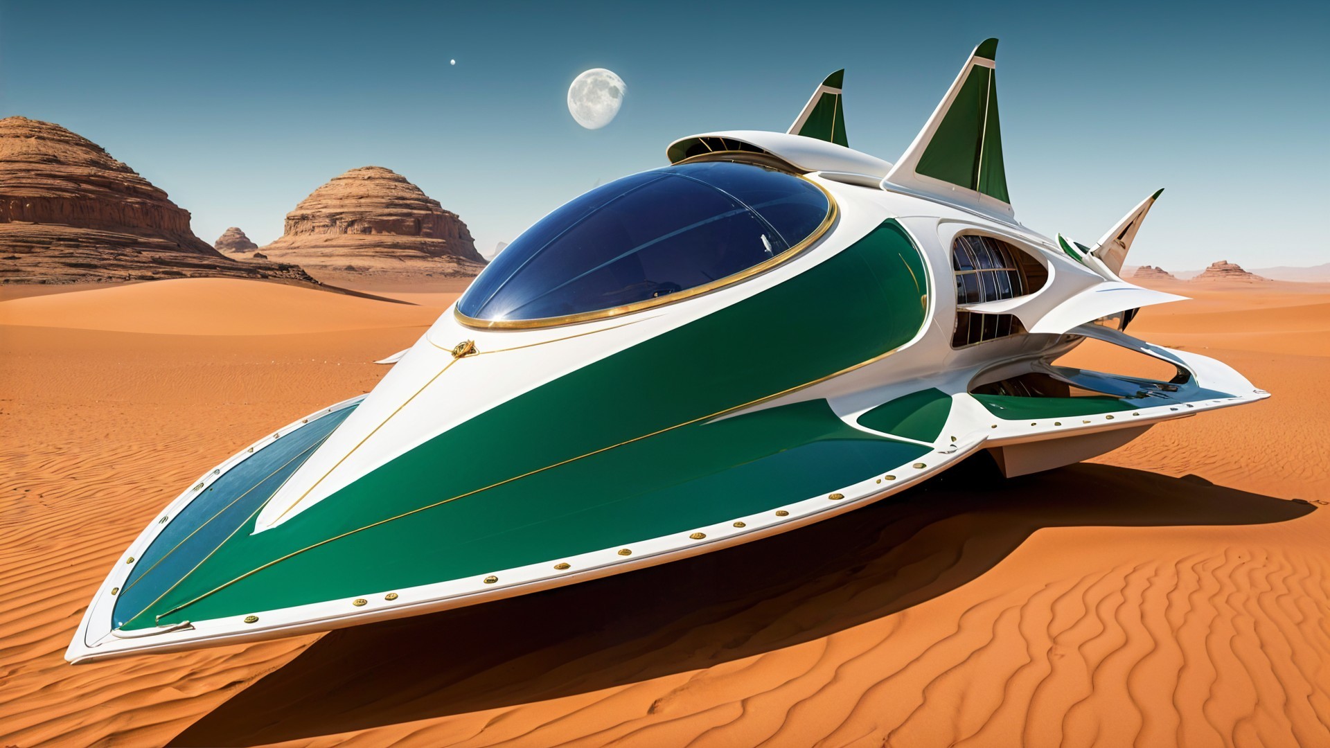 Futuristic spacecraft in desert landscape with mountains