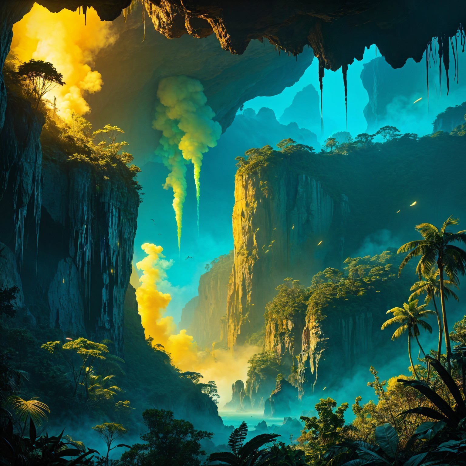 Lush Fantasy Landscape with Waterfalls and Cliffs