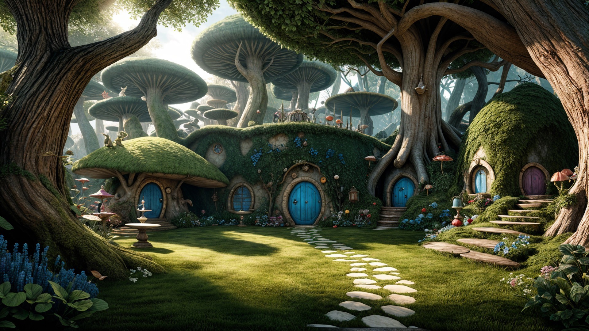 Whimsical Forest Scene with Moss-Covered Houses