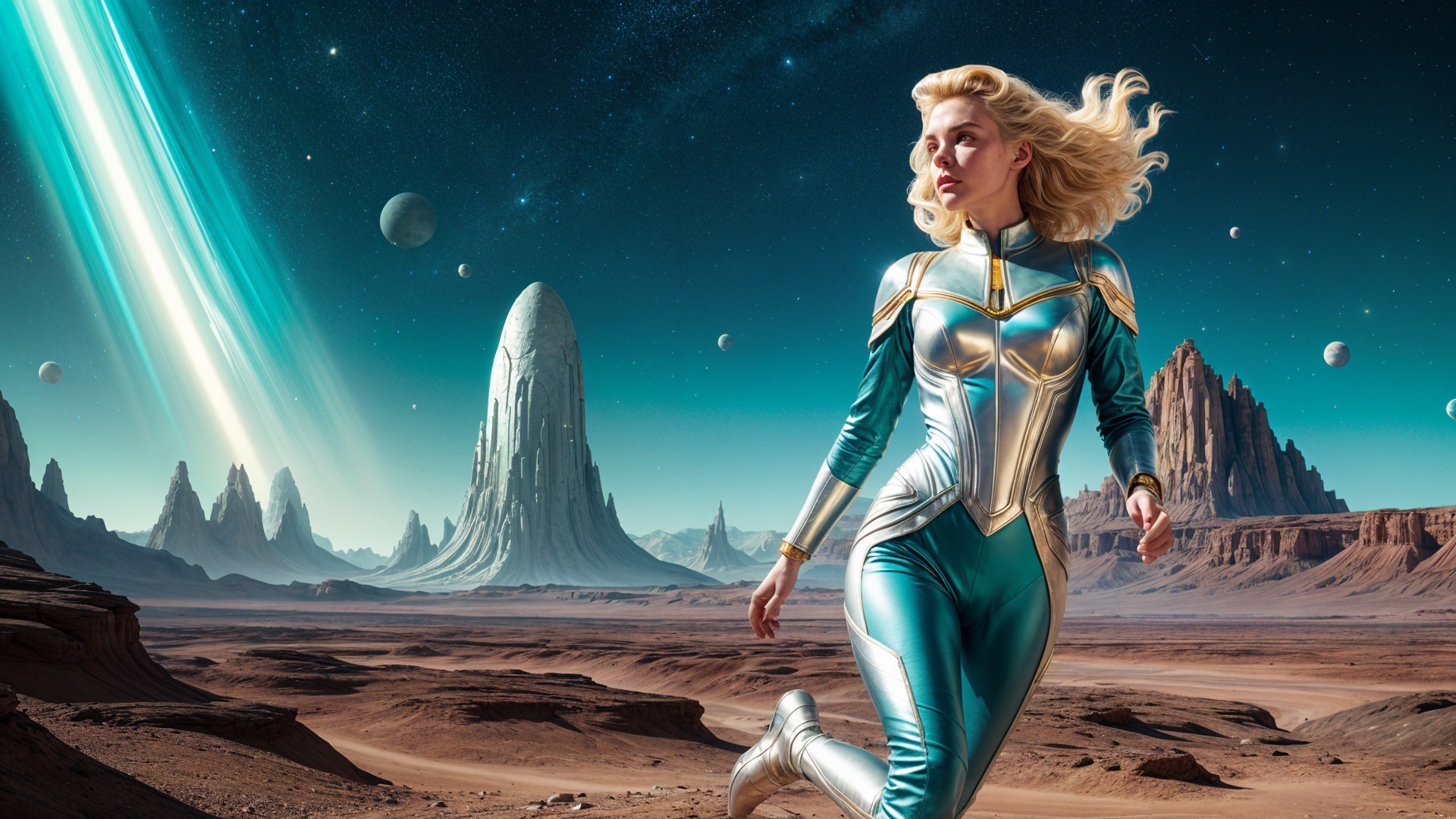 Futuristic scene of a woman in silver space suit in landscape