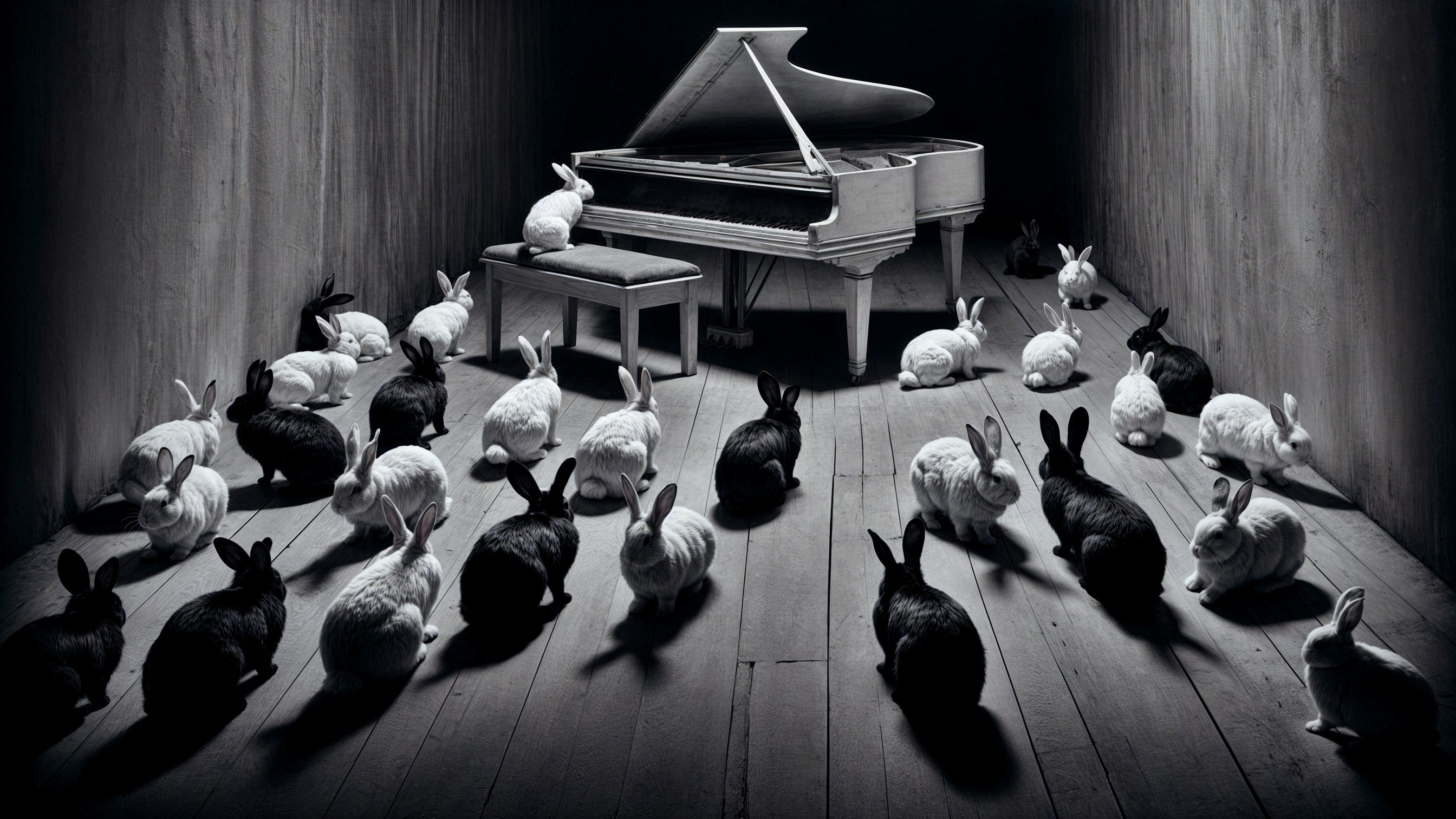 Piano Surrounded by Attentive Rabbits in Monochrome