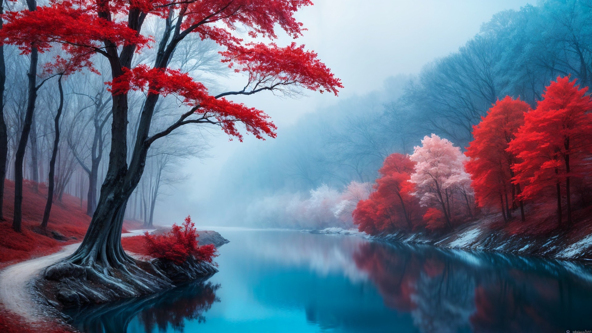 Tranquil Riverside Scene with Vibrant Autumn Foliage