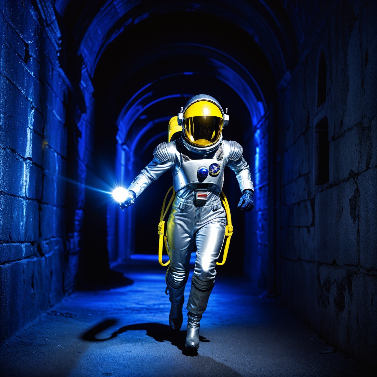 Futuristic astronaut in silver suit in dim corridor