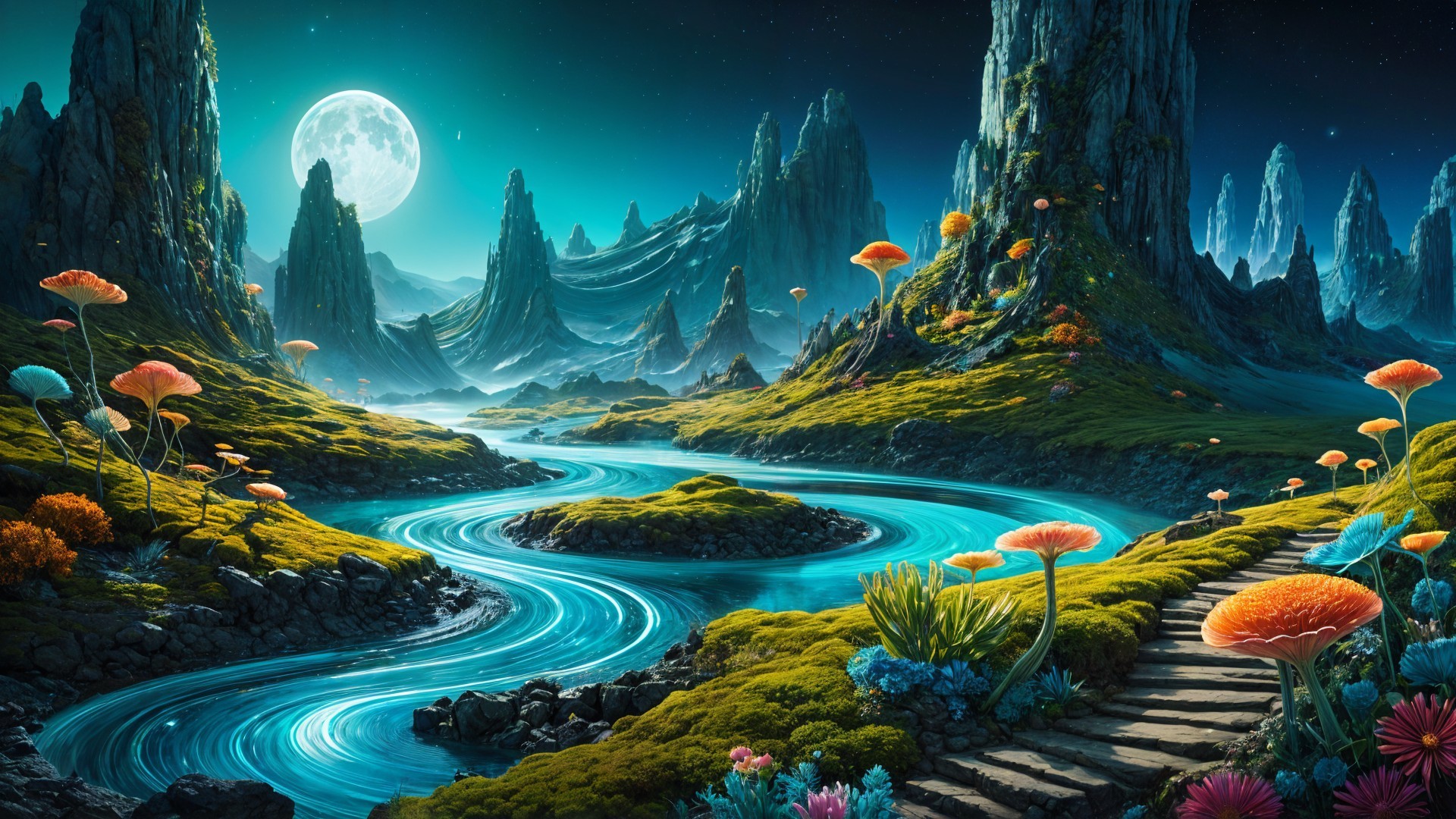 Surreal landscape with moonlit river and oversized flora