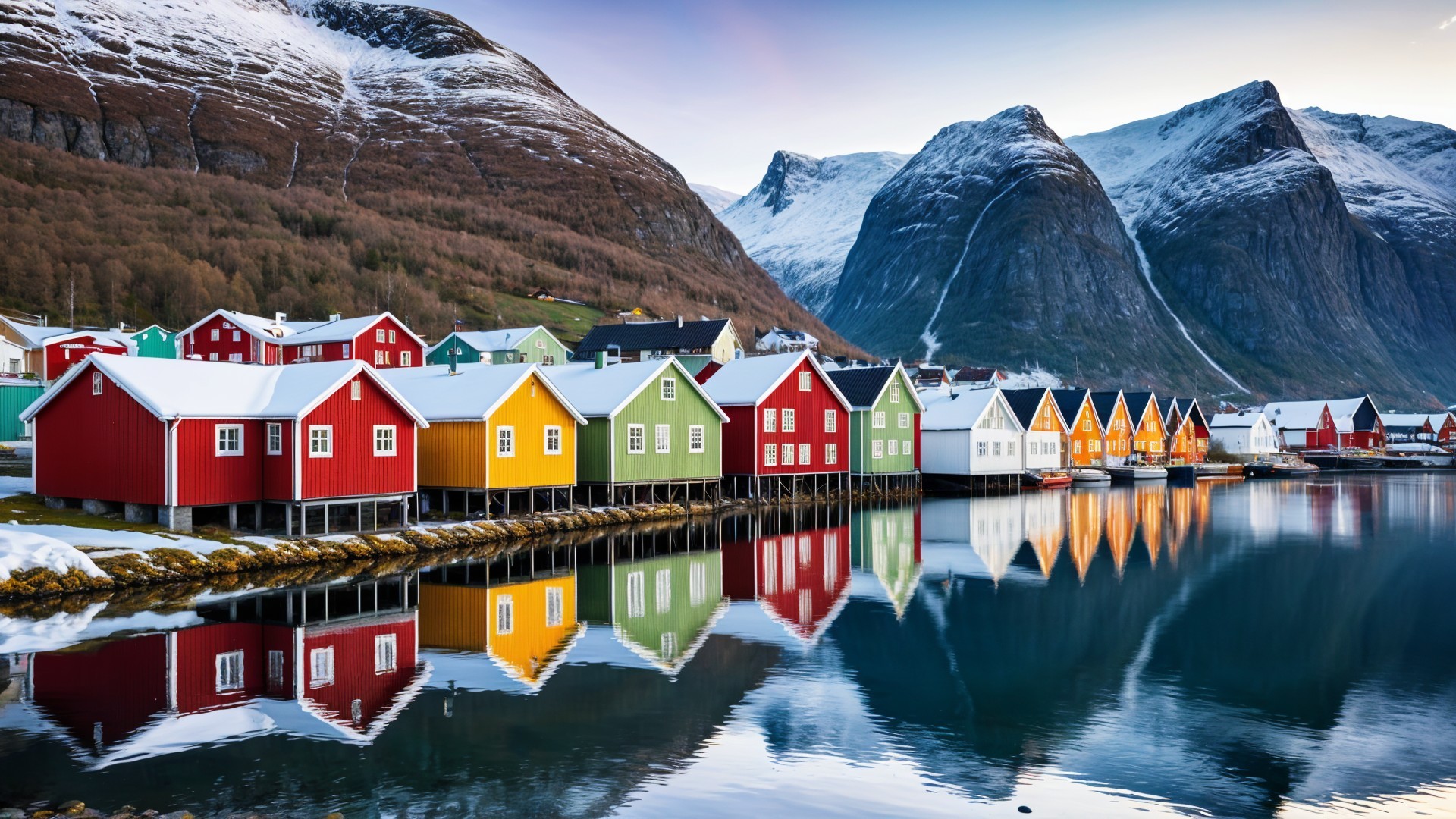 Colorful Wooden Houses by a Tranquil Fjord
