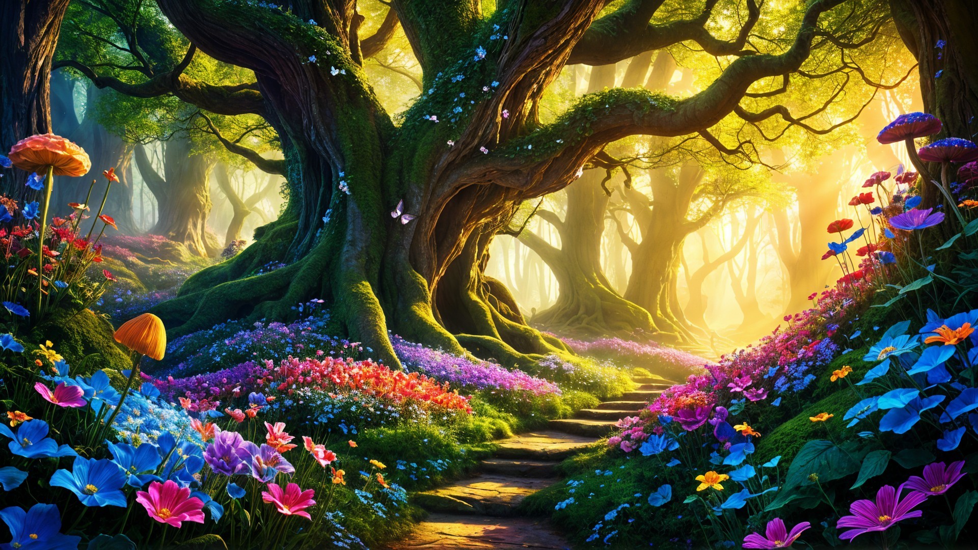 Vibrant Forest Scene with Colorful Flowers and Trees