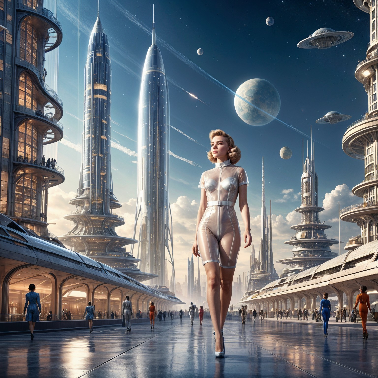 Futuristic cityscape with skyscrapers and vibrant sky