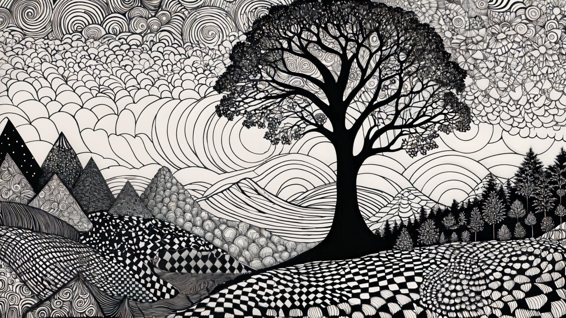 Black and white landscape with intricate patterns and shapes