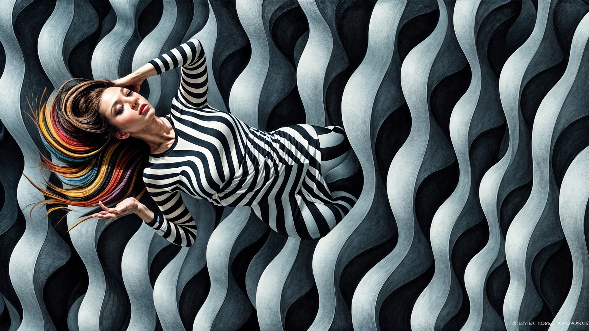 Woman in Striped Outfit on Wavy Black and White Background