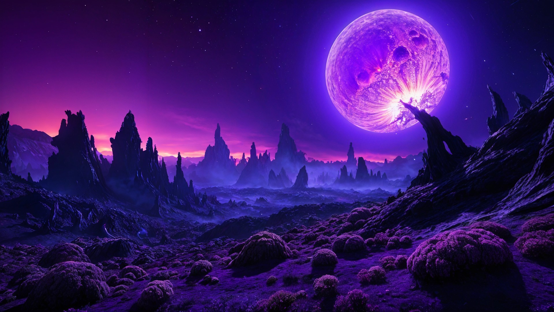 Alien Landscape Under a Glowing Purple Moon