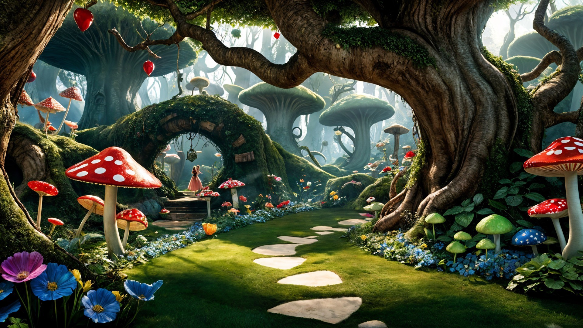 Whimsical Forest with Colorful Mushrooms and Flowers