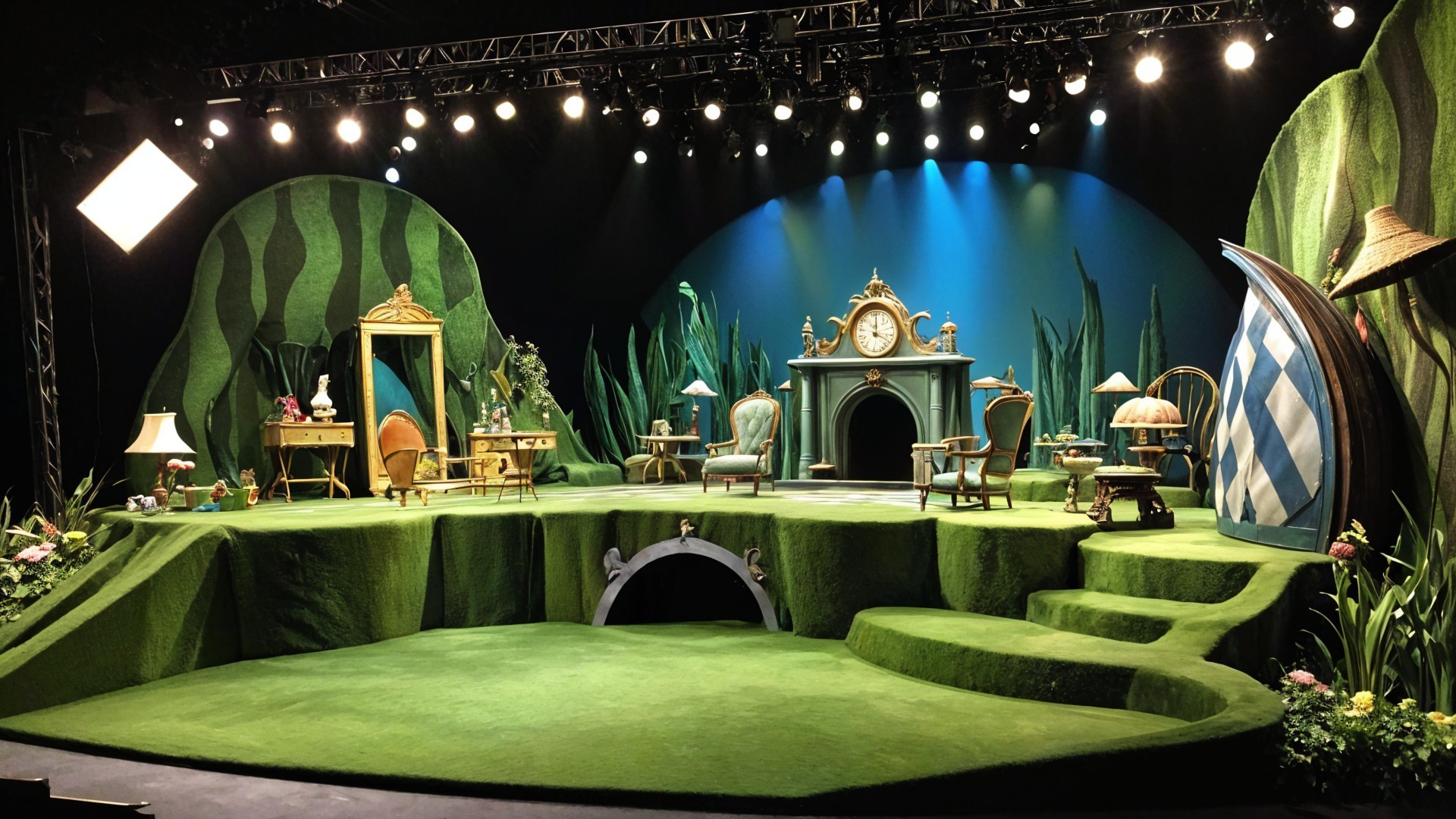 Whimsical Stage Design with Lush Green Landscape