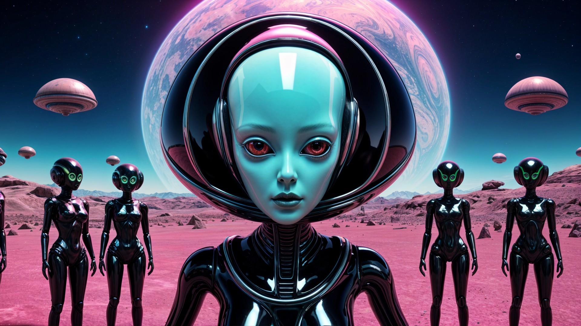 Vibrant Alien Landscape with Humanoid Figures and Planets