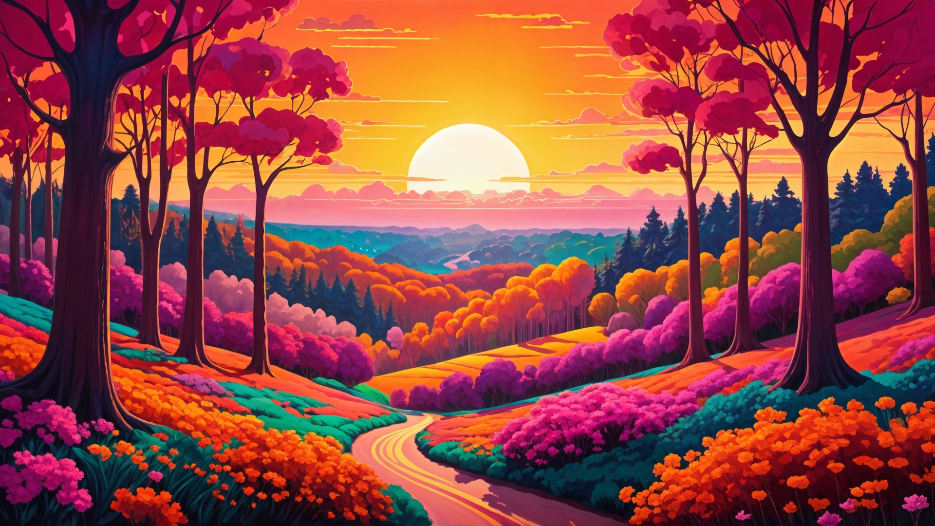 Vibrant Sunset Landscape with Colorful Trees and Hills