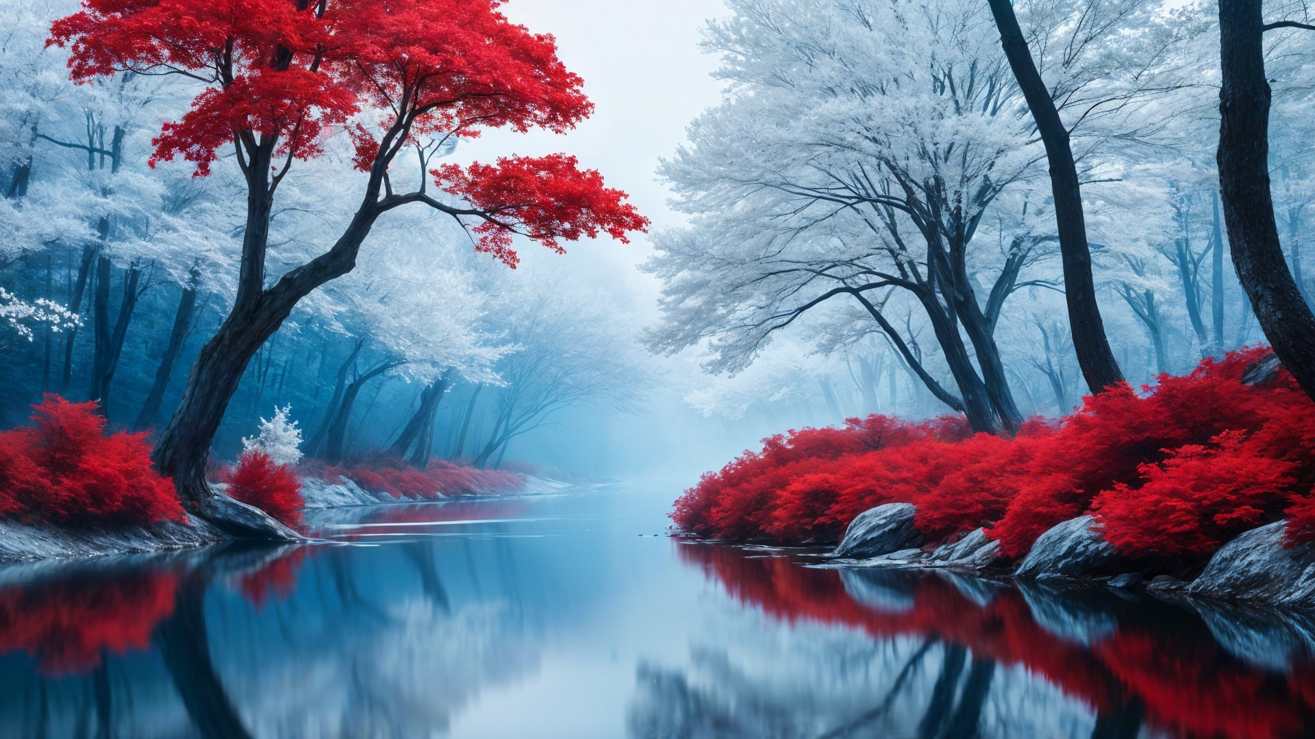 Tranquil River Scene with Autumn Trees and Mist