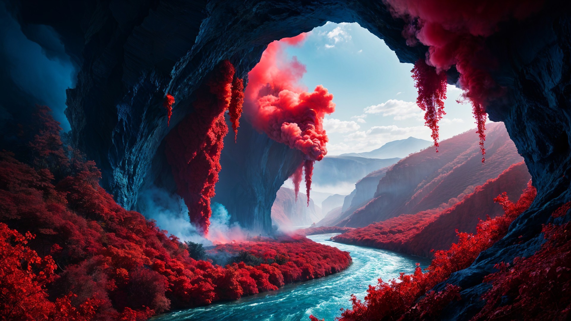 Dramatic Canyon Landscape with Red Foliage and River
