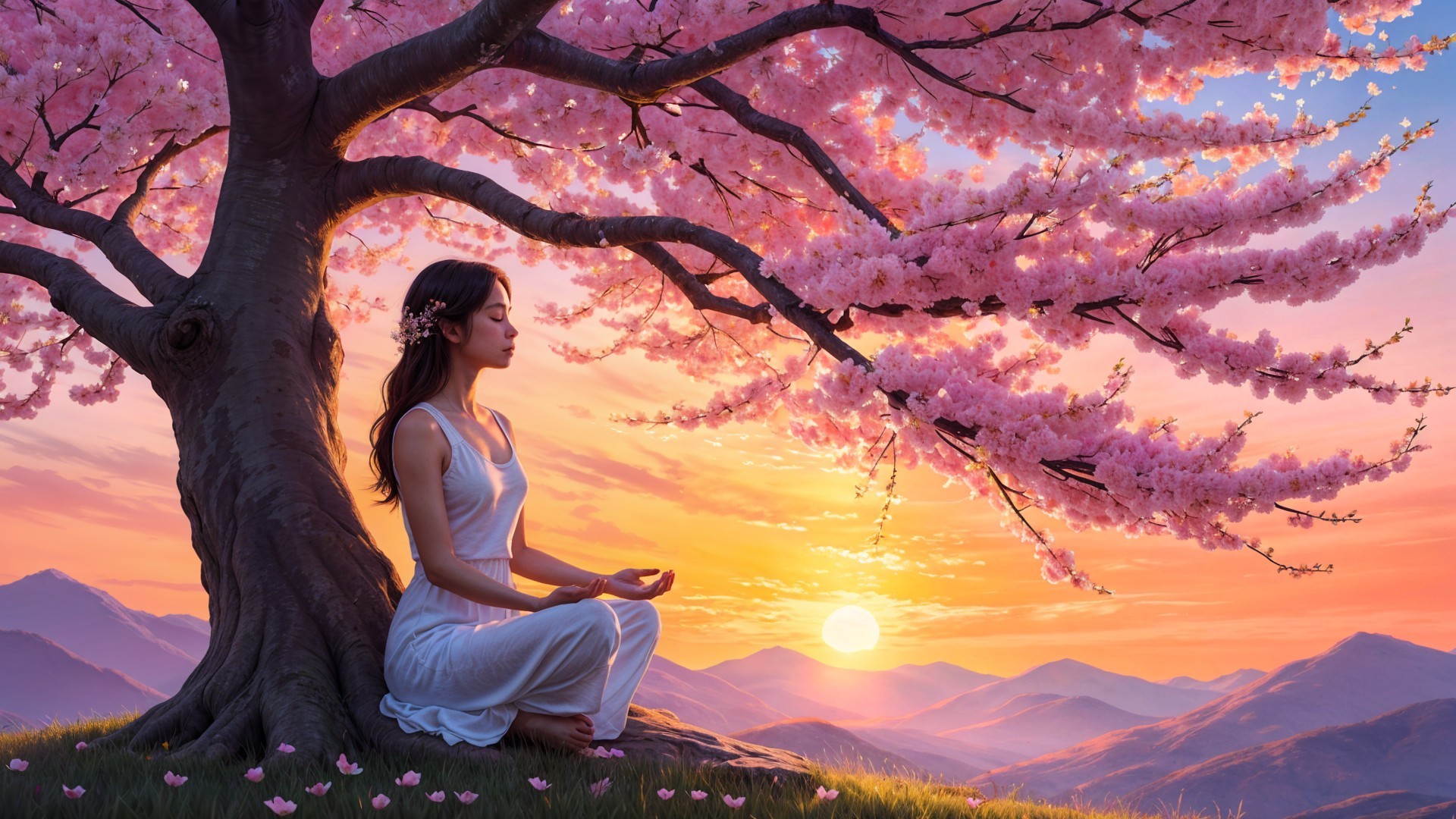 Cherry Blossom Tree with Sunset and Meditating Woman